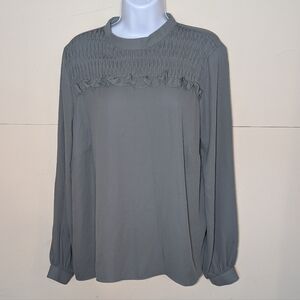 H&M Long Sleeve Blouse Dark Green High Ruffles Neckline